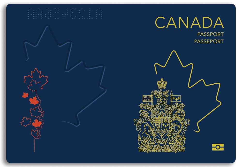Front and back covers of the new Canadian passport: navy blue background, gold CANADA and PASSPORT text, coat of arms, and maple leaf designs.